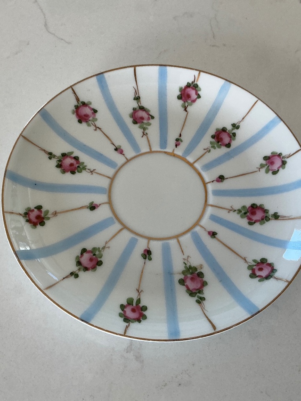 Limoges France Saucer Hand painted Pink blossoms, stripes, Gold gilding
